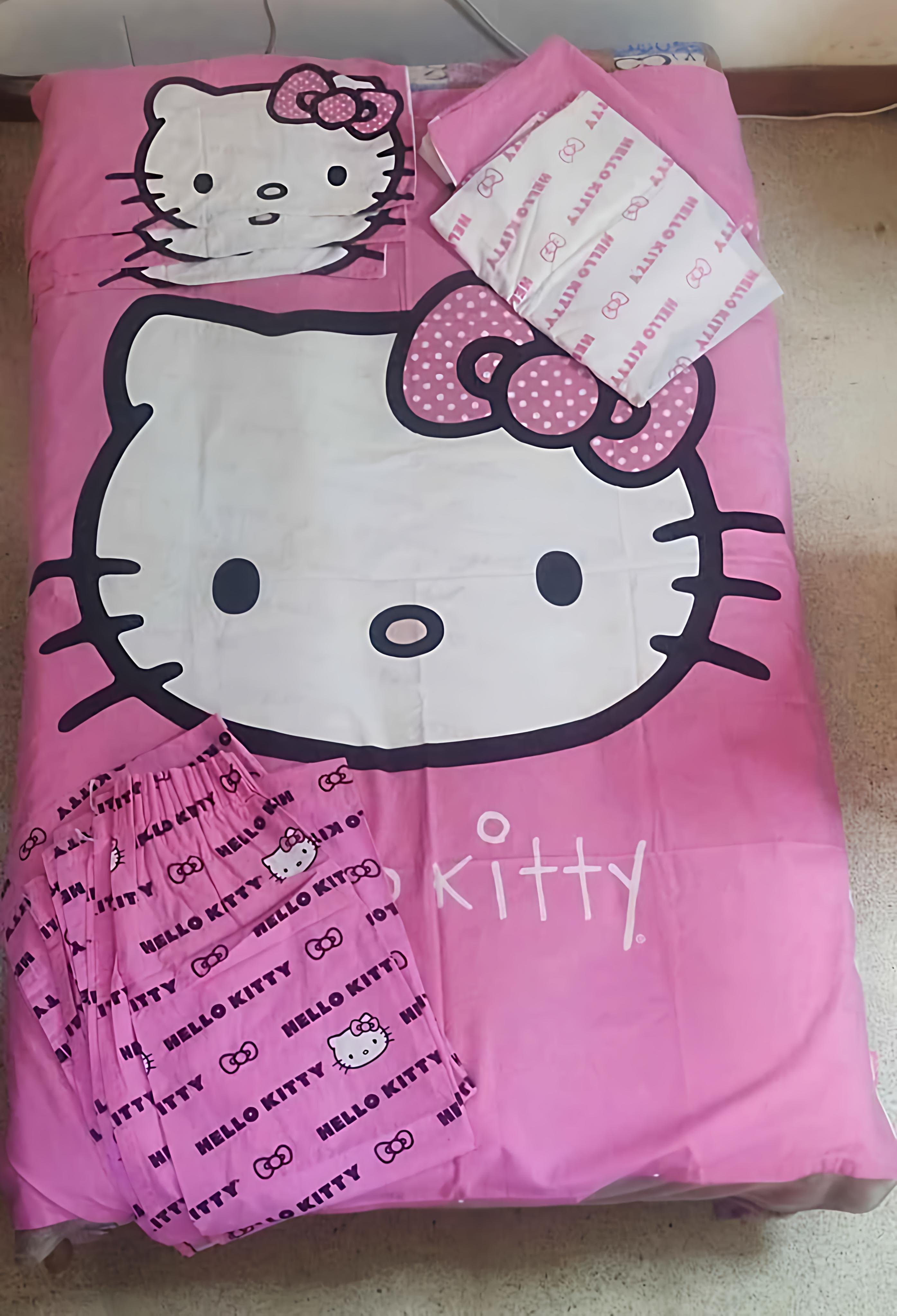 Hello Kitty Bed Sheets (130cm by 190cm) x3 + Pillow cases + Window Curtains (163cm by 133cm)