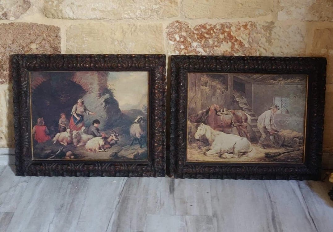 Antique Pair Ornate Framed Pastoral Art After Morland & Londonio Stable Shepherds