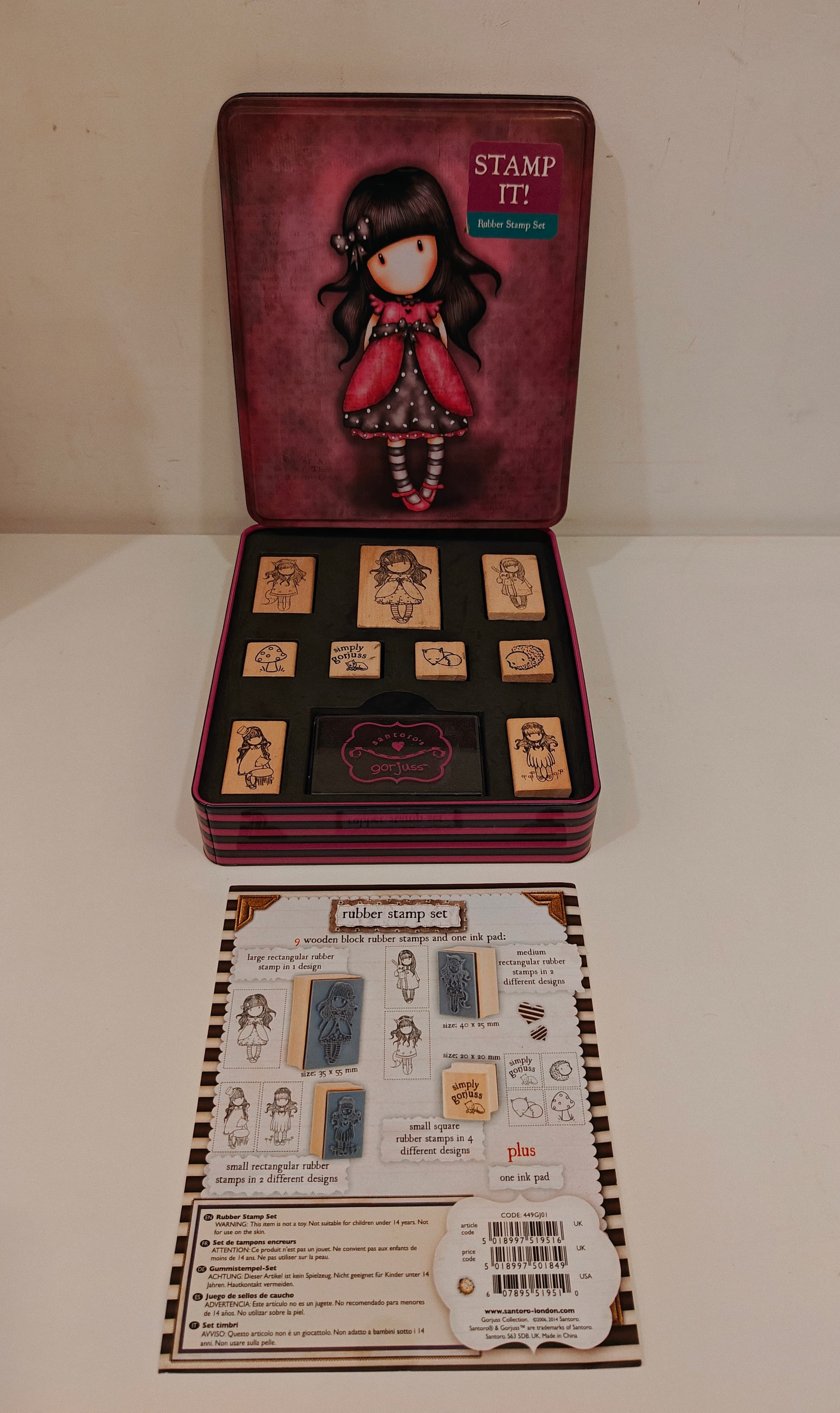 Santoro Gorjuss Ladybird Rubber Stamp Set - Collectible Tin & Ink Pad - 9pcs