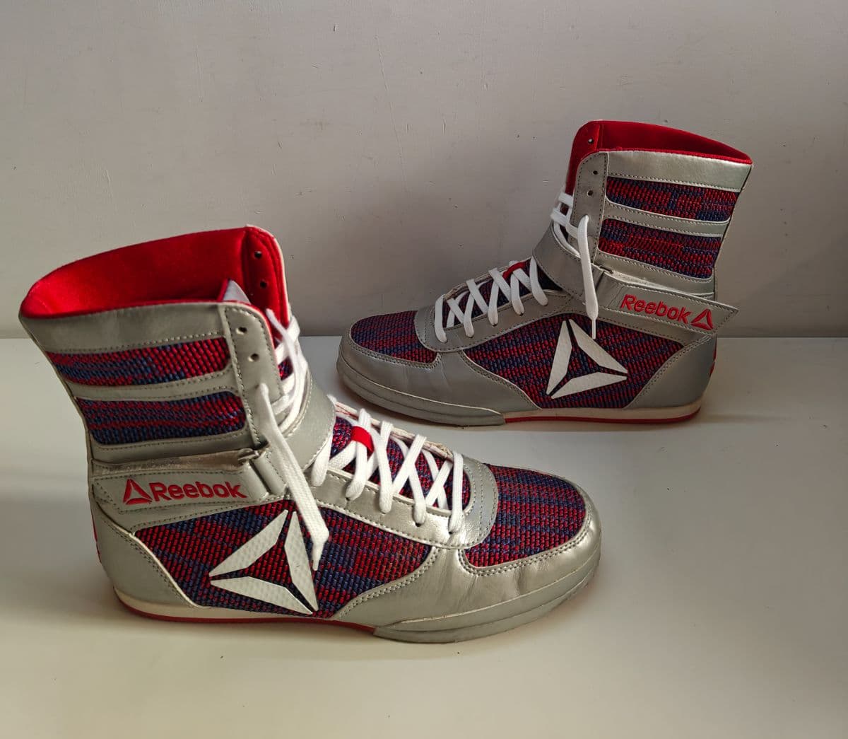 Reebok Boxing Boot Shoes Silver Red Blue Men UK 8.5 EU 42.5 Wrestling Muay Thai MMA