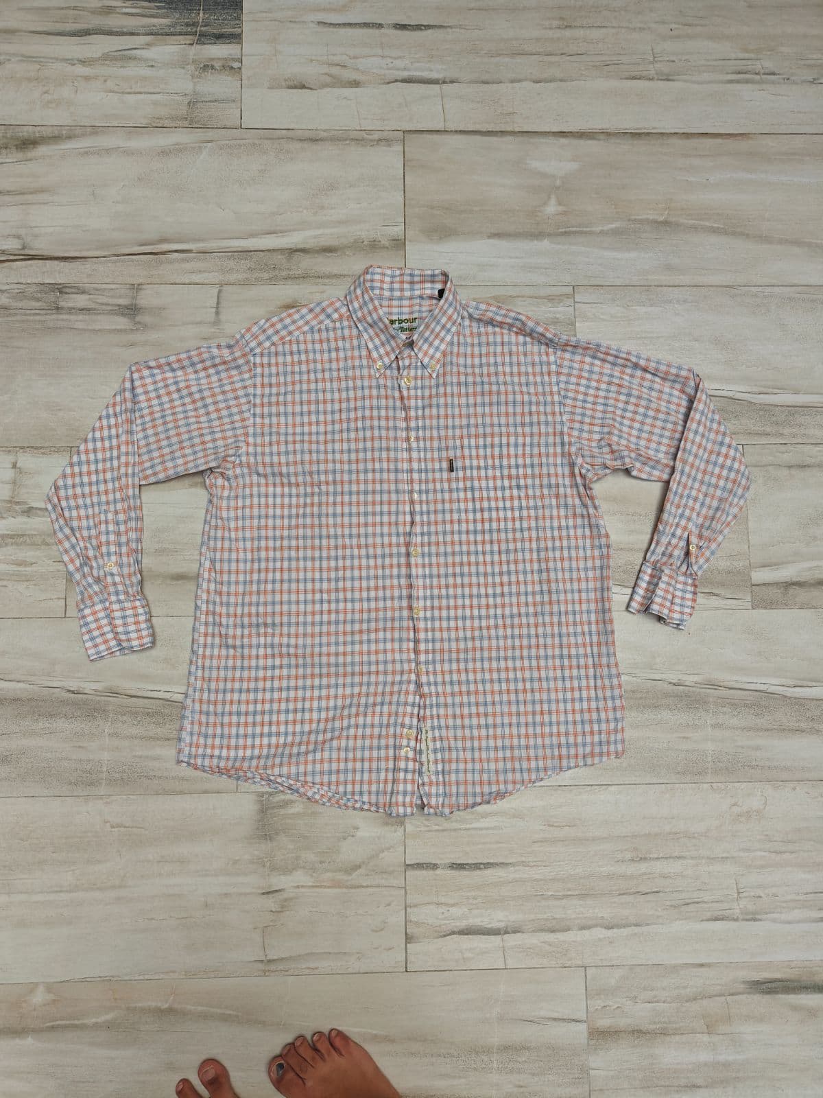 Barbour County Tattersall Shirt Mens XL Long Sleeve Plaid Orange Blue Button Down