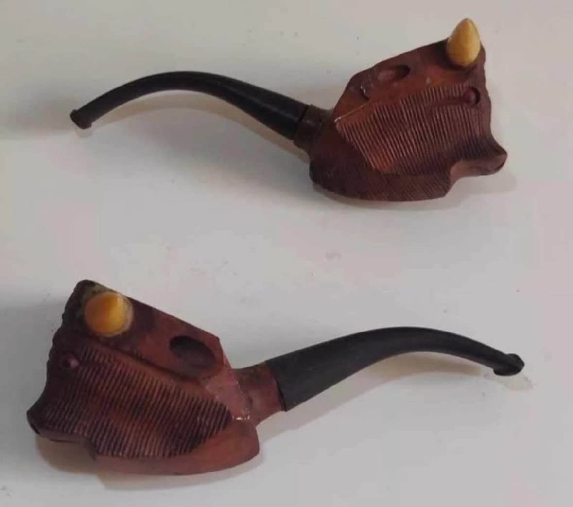 Set of 2 Vintage Hand Carved Wood Bull Tobacco Pipe