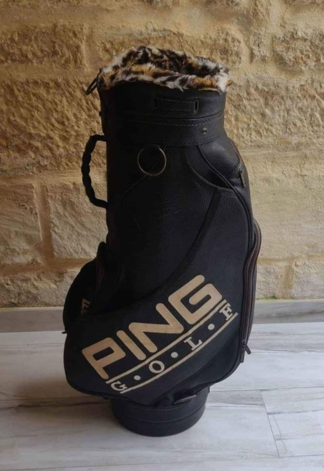 PING Leather Golf Staff Bag, Black/Bronze/White, 6-Way Divider