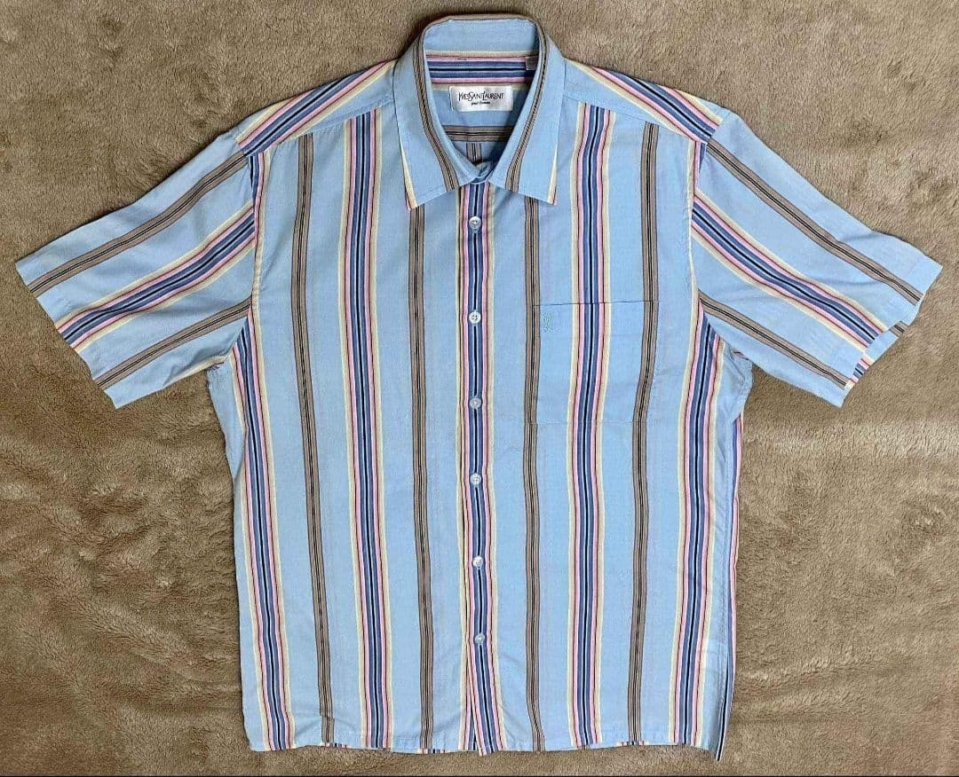 Vintage Yves Saint Laurent Men Medium Shirt SS Striped Blue Button Up YSL Logo