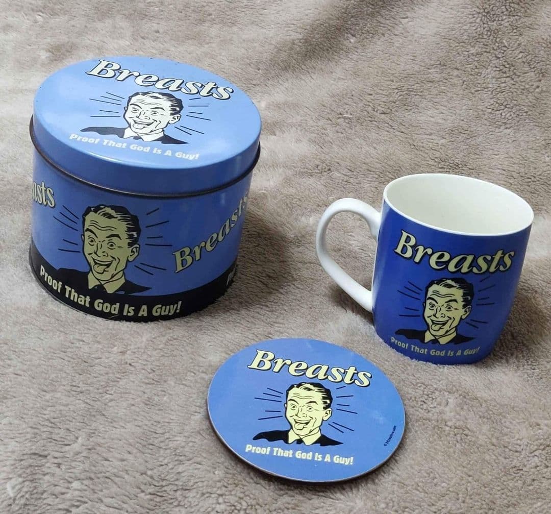 Mug and Coaster in a Tin - Breasts - Proof that God is a Guy