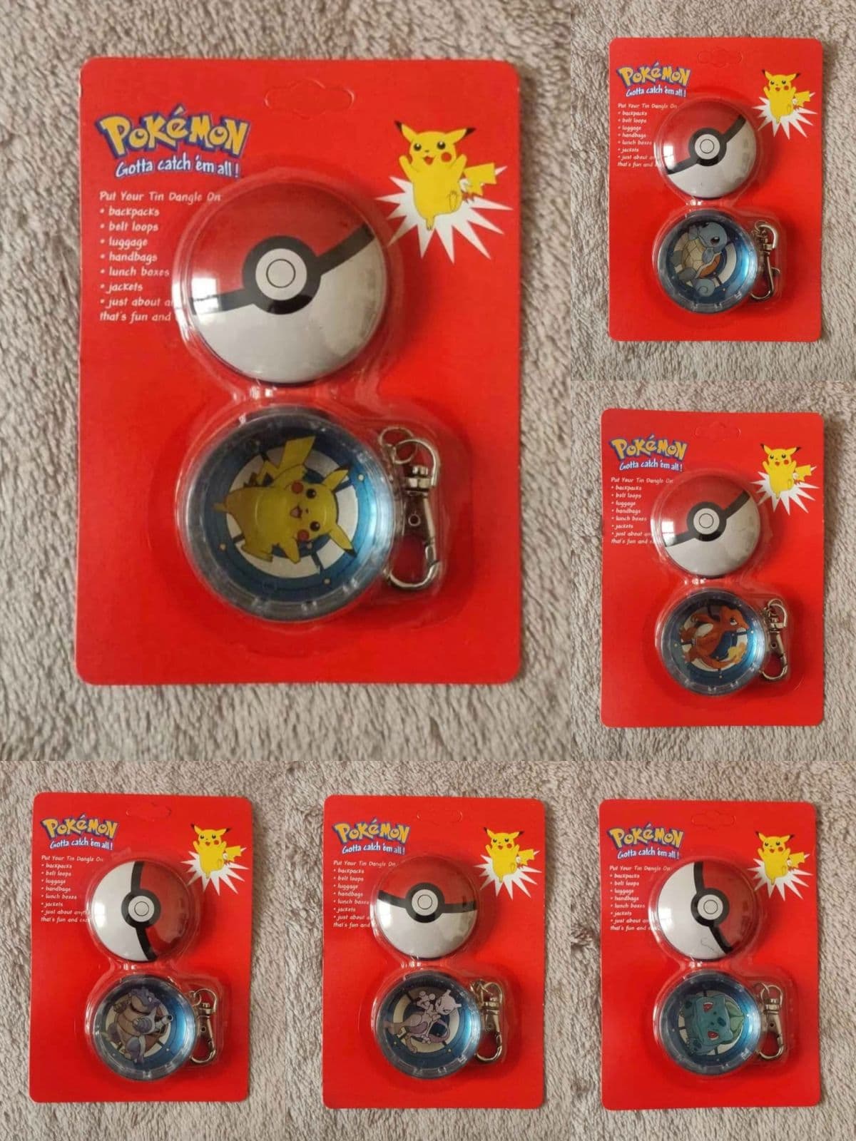 Nintendo 1999 Pokemon Tin Dangle Keychain Pikachu, Mewtwo, Blastoise, Squirtle, Charmaleon,