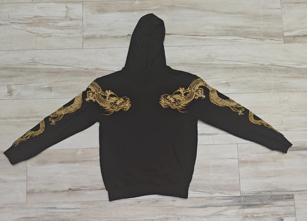Koisea Double Flying Dragons Embroidered Hoodie Black Gold Sukajan Size Medium